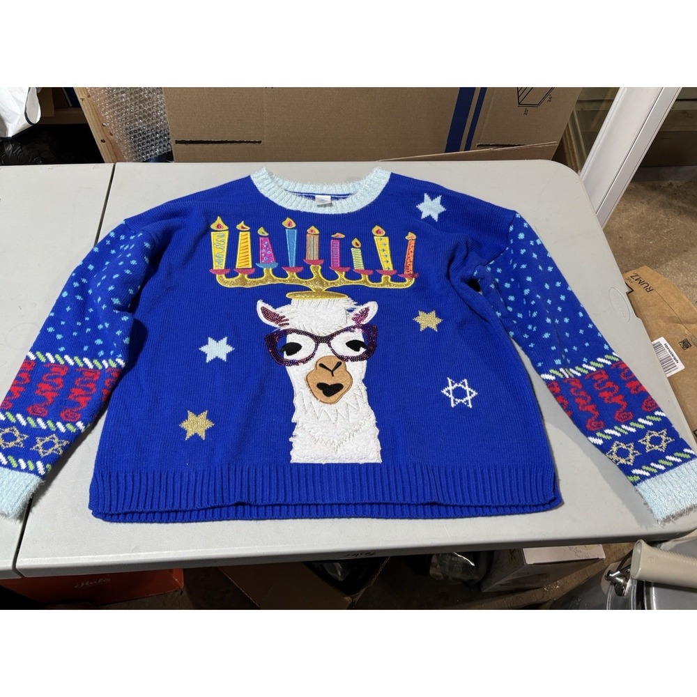Way To Celebrate! Jewish Hanukkah Sweater‎ Adult XXL Blue Llama Menorah Candles